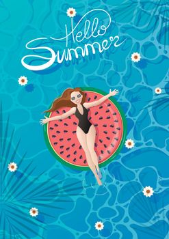 Girl in sunglasses in a black one-piece swimsuit floats on a watermelon mattress in a pool