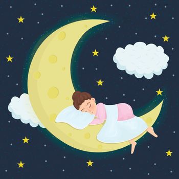 little girl sleeps under a blanket on a pillow on a crescent moon against the background of the night starry sky