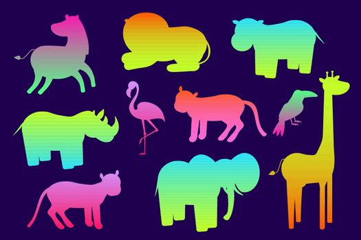 Africa animals silhouettes, isolated on white background vector illustration. Africa animals contour. Africa mammals big vector set. Hippo, elephant, giraffe, lion icon EPS