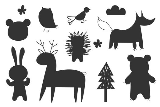 Forest animals silhouettes, isolated on white background vector illustration. Woodland forest animals collection including deer, bear, owl EPS