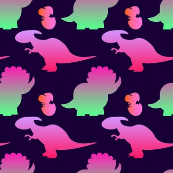 Colorful cute dinosaurs on dark background. Vector seamless pattern. Fun textile cartoon kids print design. Neon color EPS