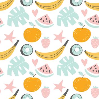 Seamless pattern exotic fruit on white background. Cute vector background. Bright summer fruits illustration. Fruit mix design for fabric and decor. EPS