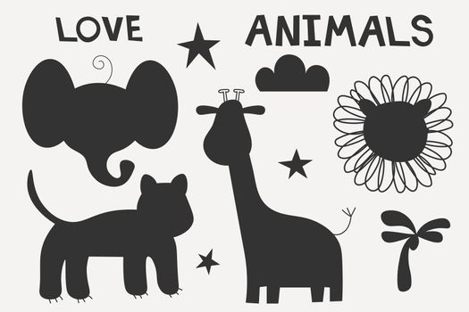 Africa animals silhouettes, isolated on white background vector illustration. Africa animals contour. Africa mammals vector set Preschool, baby, drawn, educations. Tiger, elephant, giraffe, lion icon
