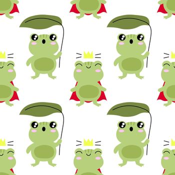 Cute funny green frog seamless pattern. Vector hand drawn cartoon kawaii character illustration stickers design set. Funny cartoon toad frog mascot character seamless pattern concept EPS