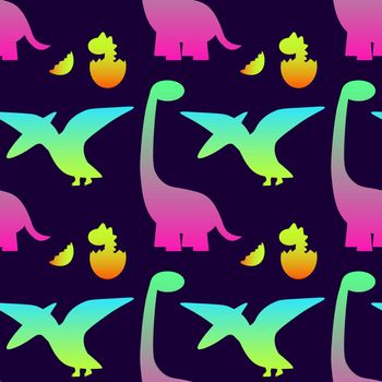 Colorful cute dinosaurs on dark background. Vector seamless pattern. Fun textile cartoon kids print design. Neon color EPS