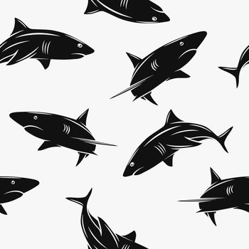 Vector Seamless Pattern with Cartoon Sharks Silhouette. Seamless Texture with Cutout Sharks. Ocean Predator. Marine, Ocean, Sea Animals. Shark Character Design for Textile, Wallpaper Print