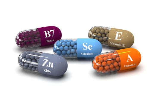 Set of capsules with vitamins b7, zinc, vitamin A, E, selenium. 3D rendering illustration