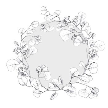 hand-drawing round frame with spring branches isolated on white