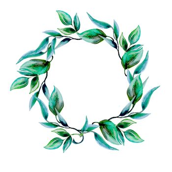 Watercolor floral wreath with leaves and branches. Hand drawn artistic frame.