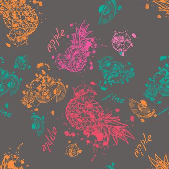 Bright and juicy seamless pattern with pineapples and apples on gray background