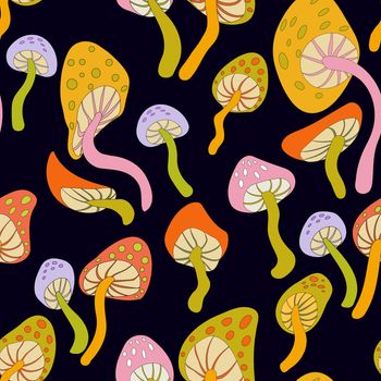 Psychedelic trippy seamless pattern with mushrooms. Trippy 60s mushroom cannabis endless pattern on dark background