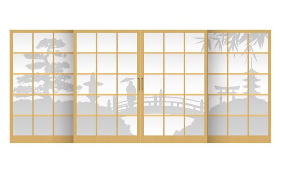 Japanese garden silhouette through the shoji ( japanese traditional doorwindow ) vector illustration