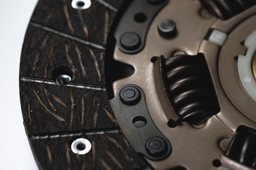 Close-up of the clutch disc of a car with a manual transmission, on a gray background, selective focus. Car clutch repair kit. Automotive parts.