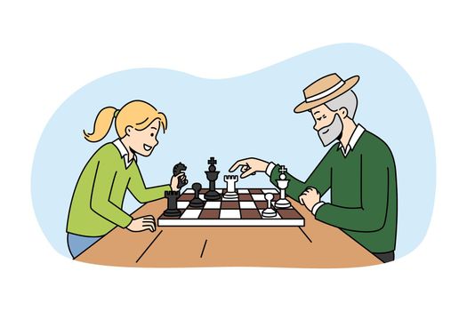Older man playing chess with small girl