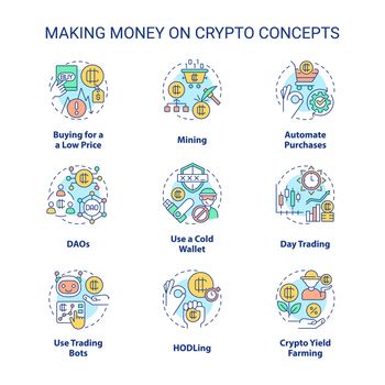 Making money on crypto concept icons set