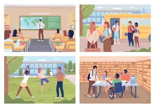 Daily routine of school students flat color vector illustration set