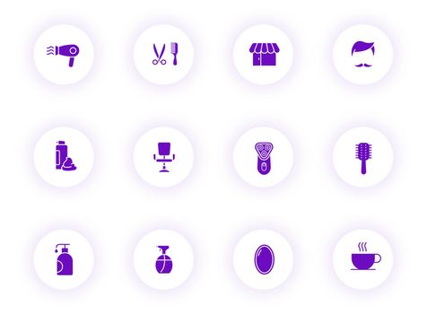 barbershop purple color vector icons on light round buttons