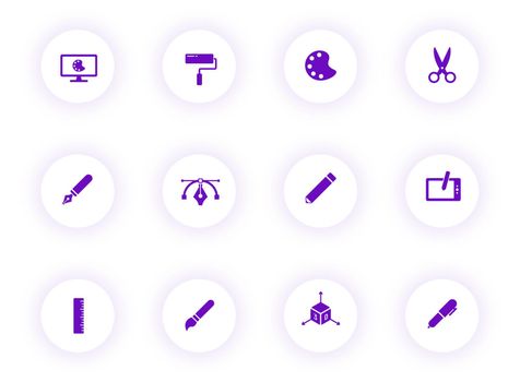 art and design purple color vector icons on light round buttons