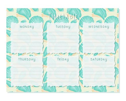 Timetable ,seashells, Class schedule, weekly calendar , schedule. Organizer information template. Empty school timetable, Planning sheet planning.