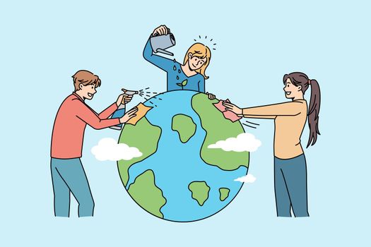 Ecological conversation and environment concept. Group of young people volunteers standing watering planet earth together taking care of ecology vector illustration