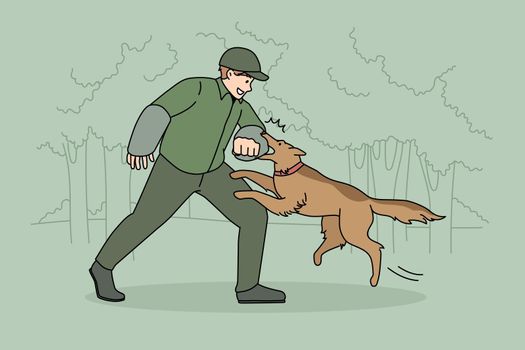 Dogs training and education concept. Young man pet owner or trainer handler training dog outdoors in park feeling playful vector illustration