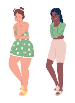 Young women hugging themselves semi flat color vector characters set