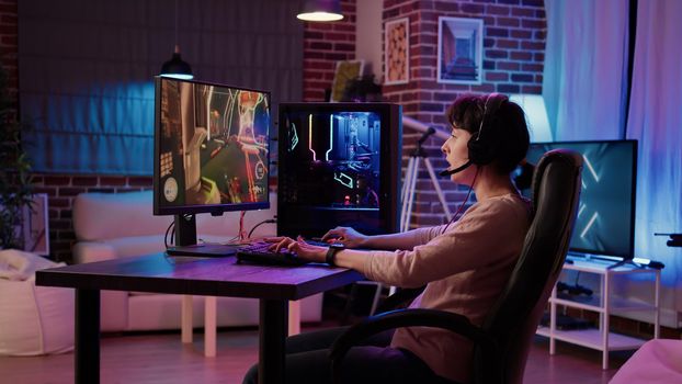 Woman playing online action game angry after losing online competition on gaming pc