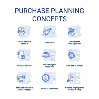 Purchase planning light blue concept icons set