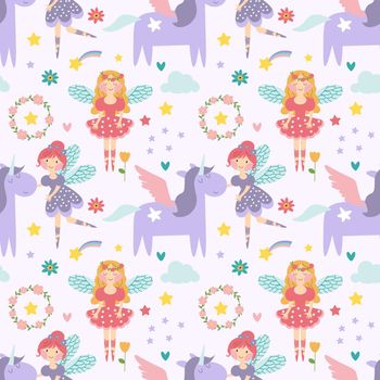 Vector seamless childish pattern with fairy, flowers,rainbow and other elements. Fairy with a magic wand vector illustration. Seamless pattern with cartoon fairy for kids, girl. EPS