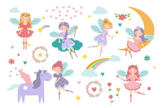 Fairy little princess. Cartoon cute fairies flying and rest on moon. Child tale doll and magic characters. Pretty dancers from children book, nowaday vector kit EPS
