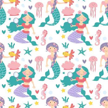 Mermaid seamless pattern. Vector illustrations of cute fantastic girls characters in a simple hand-drawn cartoon style surrounded by marine life, corals, seashells, algae. Colorful palette EPS