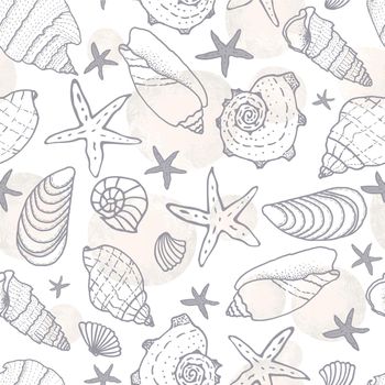 Seamless pattern with fish icons, shells, starfish on a blue background.
