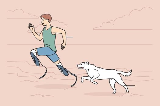 Athlete with prosthetic legs running with dog