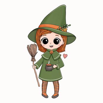 Halloween cute witch with pot and broom vector