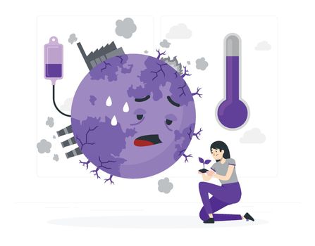 Tiny people with melting planet in background. High temperature and hot weather on Earth, hourglass flat vector illustration. Climate change concept for banner, website design or landing web page