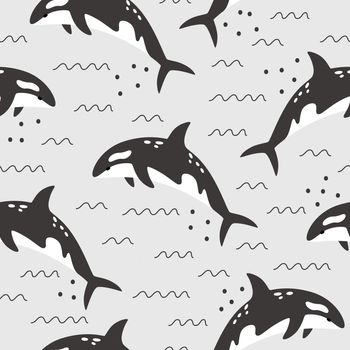 Monochrome sea gray seamless pattern with killer whales