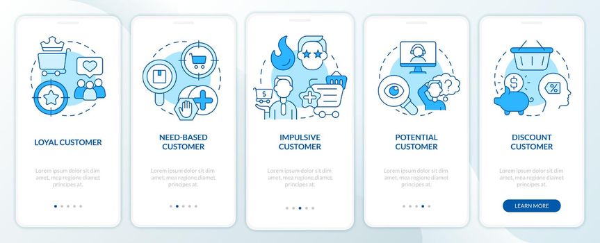 Types of customers blue onboarding mobile app screen