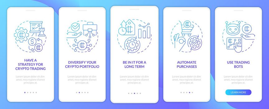 Cryptocurrency tips blue gradient onboarding mobile app screen