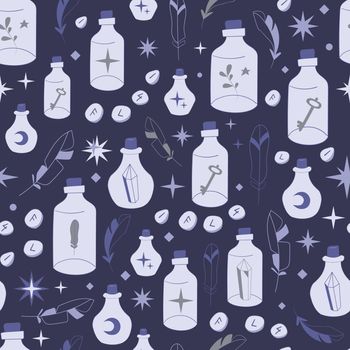 Boho bottle seamless pattern with tubes and feathers