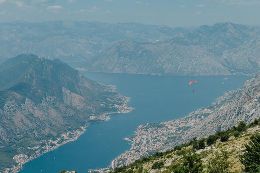 Beautiful nature mountains landscape. Kotor bay, Montenegro. Views of the Boka Bay, with the cities of Kotor and Tivat with the top of the mountain, Montenegro