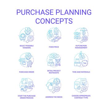 Purchase planning blue gradient concept icons set