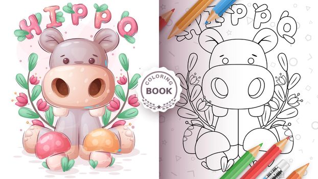 Hippo with mushroom coloring book