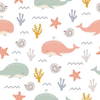Pink and mint whales on a white background with corals and seashells