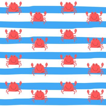Trendy red ocean crab with blue stripes - seamless pattern illustration