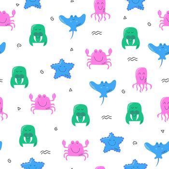 Seamless pattern with sea and ocean animals. Repeat design with sea creatures