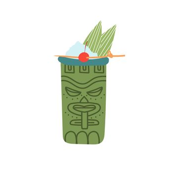 Hand-drawn doodle cartoon style vector. Tiki cocktail in the Idol face glass