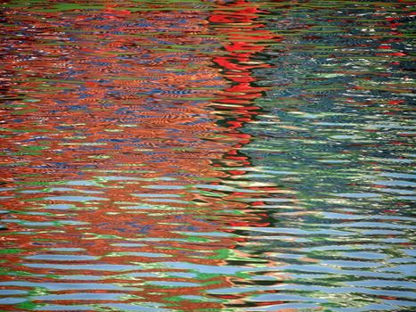 Red Blue Color pattern shimmers and reflects in ripples of water