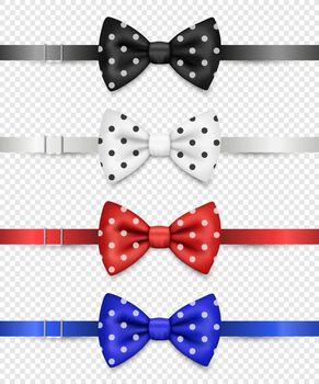 Vector 3d Realistic Black, White, Red, Blue Polka Dot Bow Tie with Clasp Set Isolated. Silk Glossy Bowtie, Tie Gentleman. Mockup, Design Template. Bow Tie for Man. Mens Fashion, Fathers Day Holiday