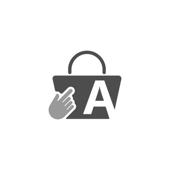 Online shopping bag, cursor click hand icon with letter A 