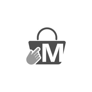 Online shopping bag, cursor click hand icon with letter M 